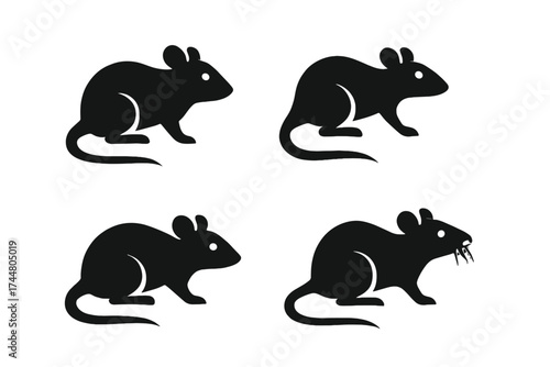 Set of black mouse and rat vector icons. Laboratory animal silhouette for science experiment, research, or testing. Simple rodent pictogram, glyph symbol for biology.