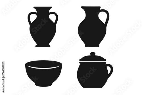 Pottery silhouette icon set. Ancient greek amphora, roman jug, ceramic bowl, clay pot. Vector illustration for archaeology, history, museum. Antique earthenware objects.