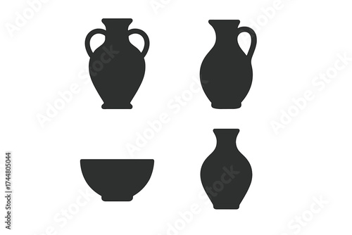 Set of ancient pottery silhouettes. Vector icons of Greek amphora, jug, vase and bowl. Archaeology artifacts, antique ceramic earthenware. Classic historical culture symbols.