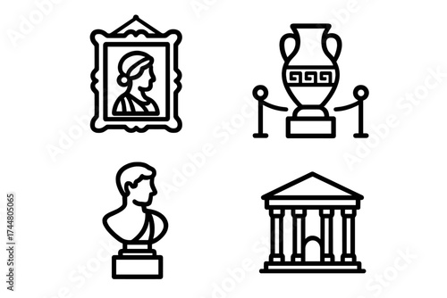 Museum icon set. Ancient history exhibition. Antique gallery artifacts. Greek Roman culture symbols. Vector line art illustration. Classic portrait, vase, bust, building.