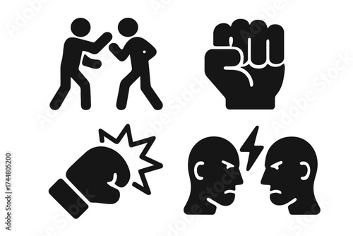 Fight icon set. Aggression, conflict, and violence symbols. Vector icons of people fighting, fist punch, boxing glove hit, and angry argument between two heads. Bad emotion.