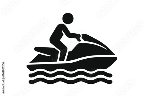 Jet ski vector icon. Person riding a personal watercraft. Summer water sport symbol. Sea fun, vacation and adventure concept. Man on a water scooter glyph illustration.