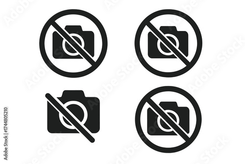 No photography icon set vector. No photo camera allowed sign. Forbidden, prohibition symbol collection. Privacy policy warning pictogram. Restricted area access graphic element.