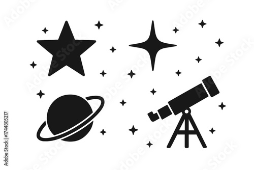 Astronomy icon set vector. Telescope observing stars and planets. Space exploration and science study concept. Galaxy, universe, and cosmos symbols for graphic design.