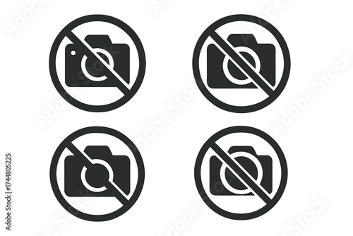 No photography icon set. No camera sign collection. Vector symbol for forbidden, restricted area, and privacy warning. Prohibited photo pictogram. No pictures allowed sign.