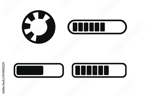 Loading bar and circular progress indicator icon set. UI UX elements for website and application interface design. Download, upload, and buffering status. Vector process symbol.