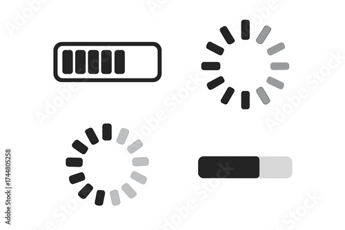 Loading progress bar and circle icon set vector. UI UX web design element. Download, upload, buffering or waiting status indicator. Process, transfer graphic symbols.