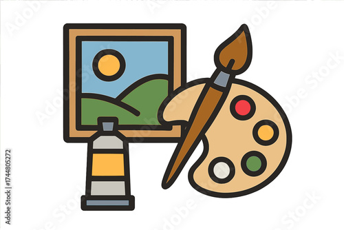 Colorful vector illustration of painting tools with palette, brush, paint tube, and framed landscape artwork concept for art and creativity