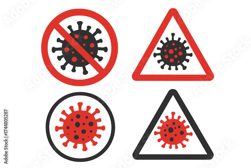 Pandemic covid-19 virus warning and prohibition signs. Vector illustration of red and black virus icons in circular and triangular frames. Transparent background, ordered set for health safety design.