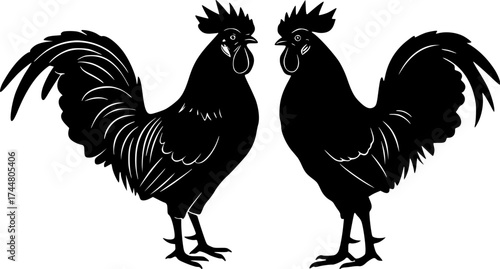 Two rooster silhouettes facing each other with flowing tail feathers large combs farm poultry set