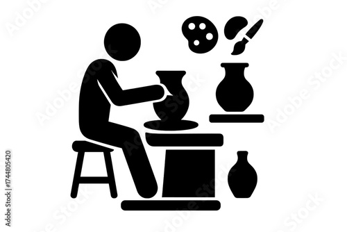Person sculpting ceramics pottery wheel vector illustration, artisan crafting clay vase creative studio silhouette icon, ceramic art, pottery making hobby, handmade craft design