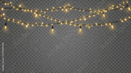 Golden string lights illuminate with a warm glow, creating a festive and inviting atmosphere against a transparent background, ideal for holiday decorations and celebrations.