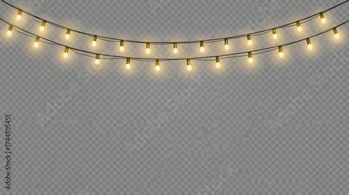 A string of warm, glowing fairy lights hangs against a transparent background, perfect for adding festive cheer to any design or celebration.