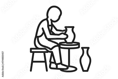 Person making ceramics pottery icon vector illustration. Skilled potter crafting clay vase on wheel. Handmade pottery art, ceramic crafting, artisan workshop, crafting tools, creative hobby vector.