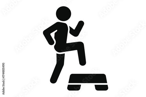 Person exercising on step aerobics board silhouette icon. Vector illustration of fitness workout, cardio step exercise, gym training, aerobic stepper, healthy lifestyle.