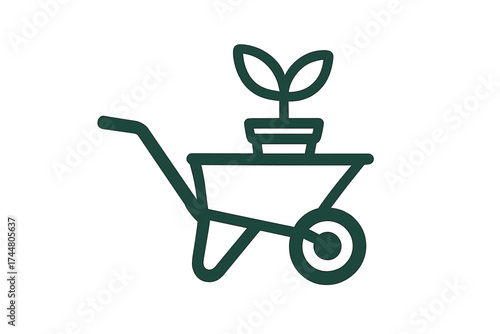 Garden plant wheelbarrow icon. Green leaf seedling in potted plant on wheelbarrow silhouette. Gardening vector illustration with transparent background. Eco-friendly garden tool icon set.