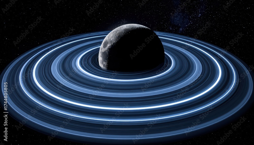 Fototapeta premium Cosmic celestial body surrounded by concentric luminous rings in a deep space scene, with the spherical object partially eclipsed within the illuminated structures against a star-filled black sky,...