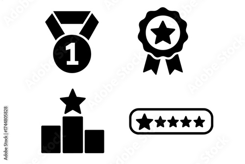 Quality elements and awards icons set. First place medal with number 1, star ribbon badge, winner podium with star, five-star rating review symbols. Ranking, favorite, best choice vector illustration