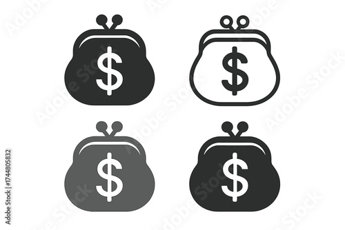 Vector set of money purses with dollar currency symbols, clipart collection of wallet icons, finance concept, minimalist cash bags, transparent background illustration