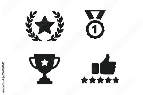 Quality element icons collection with first place medal, winner trophy, product rating stars, ranking symbols, favorite choice thumbs up, best review signs, vector illustration
