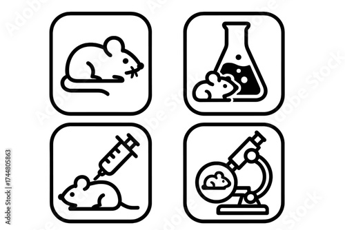 Rat and Rodent Laboratory Icons Set, Vector Illustration. Laboratory Mouse Experiment Symbols, Science, Research Testing, Injection, Microscope, Chemistry Flask, Transparent Background