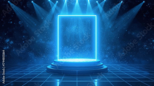 A captivating blue neon stage illuminates a futuristic platform, creating a visually stunning scene with spotlights and a grid floor, perfect for presentations.