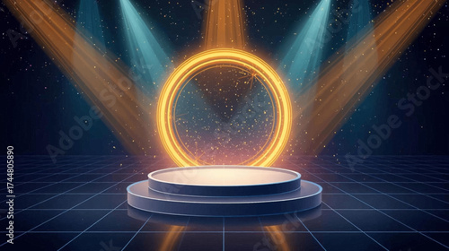 A futuristic stage illuminated by spotlights, with a glowing circular portal, creating a vibrant and engaging backdrop for presentations or events.