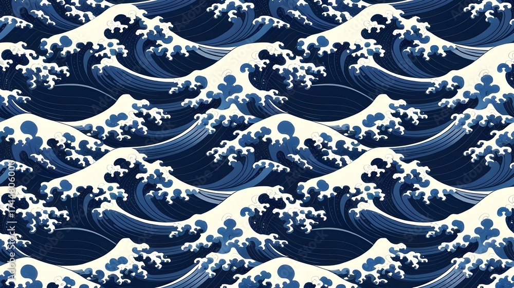 Seamless Japanese Seigaiha Pattern with Blue and White Textured Waves