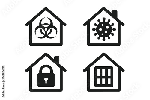 Set of four black biohazard, virus, locked padlock and jail cell icons inside house shapes for quarantine, containment, isolation, lockdown and home safety concept vector illustration