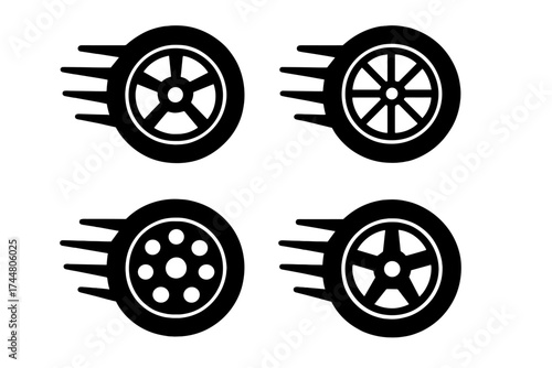 Dynamic car wheel vector icons set with various rim designs, fast motion effects, black and white automotive tire symbols, transparent background, modern vehicle parts illustration