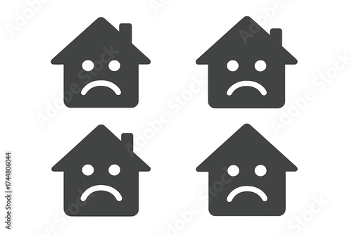 Safe house quarantine lock icon set with sad face, isolated vector illustrations for home lockdown, infectious disease containment, virus protection, and social distancing concepts
