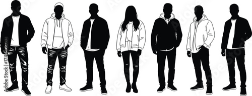 Casual people silhouette vector set, urban fashion poses, hoodie and jeans illustration, streetwear character clipart, modern outfit design, standing figure collection