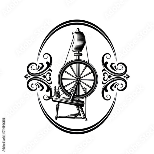 Vintage Spinning Wheel Emblem - A Symbol of Craft and Tradition.