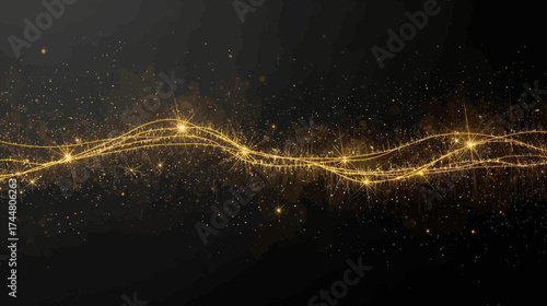 Elegant golden wave design on a black background, creating a sense of luxury, movement, and sophistication, perfect for various creative projects needing a touch of glamour.