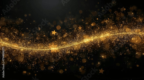 An elegant, shimmering golden wave of light with bokeh effects and stars gracefully flows across a dark background, creating a magical and festive atmosphere.