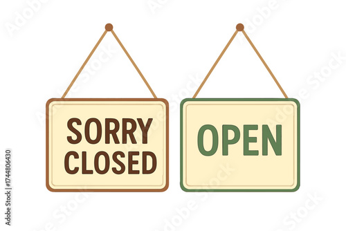 Sorry We’re Closed and Come In We’re Open Store Signs. Vector Illustration of Hanging Shop Signboards with Rope. Business Closed and Open Status Signage for Shops and Services.