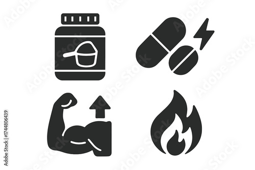 Sport supplements effects vector icon set with whey protein container, energy pills, muscle strength growth, and fat burning flame, fitness nutrition illustration