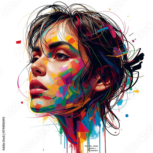 Woman's face with abstract colorful paint splashes and lines isolated on a transparent background