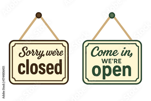 Vintage business signboards "Sorry we're closed" and "Come in we're open" hanging with rope, shop storefront signs, service announcement, store status, vector illustration