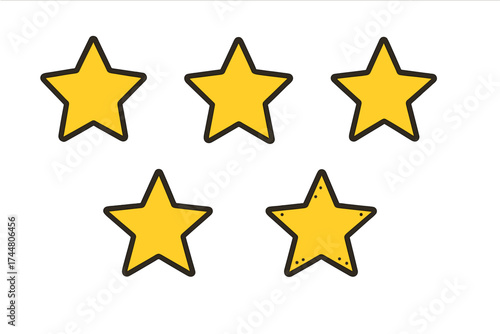 Vector Star Icons Set, Five Yellow Stars Collection, Transparent Background, Simple Star Shapes, Rating Symbols, Ordered Vector Illustration for Design, UI, and Web