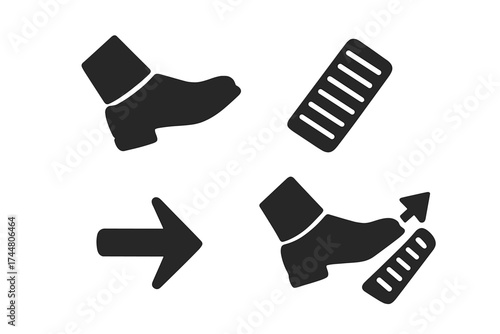 Car Pedal Vector Icons Set for Accelerate Forward Action, Foot Pressing Accelerator, Driving Control Illustration, Isolated Black Silhouettes with Transparent Background for UI