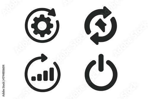 Technical updating and reboot symbol icons set. Vector illustration of gear settings, refresh arrows, growth chart, and power button in flat black design, isolated on transparent background.