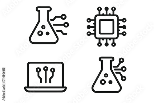 Technology and science lab flask icons vector illustration set with transparent background, digital circuit, microchip, and laptop symbols, technology innovation design
