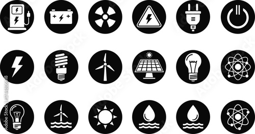 Energy icon vector set, renewable power symbols, electricity and sustainability graphics, solar wind hydro icons, eco-friendly energy illustration, black circular design elements