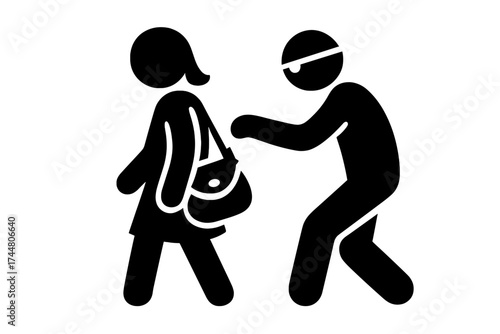 Thief steals purse vector illustration, pickpocket icon concept, woman handbag theft, crime prevention symbol, transparent background, street crime warning design