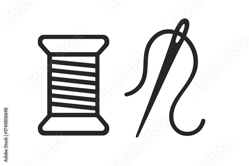 Thread and Needle Sewing Icon Vector Illustration, Tailoring Supplies, Embroidery and Clothes Mending, Textile Craft Tools, Transparent Background, Ordered Set