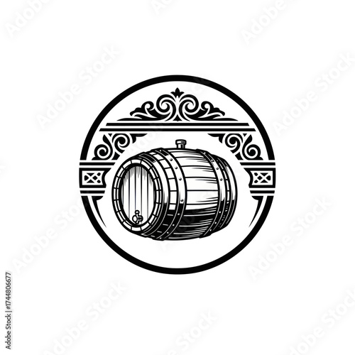 Vintage Wooden Barrel in Ornate Circular Frame.