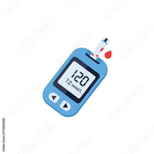 Blue glucometer showing a blood sugar reading of 120, with a test strip and a drop of blood.