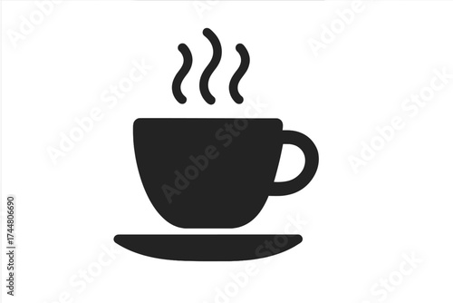Coffee cup icon with steam, hot beverage silhouette, simple coffee mug on saucer vector illustration, minimalistic drink symbol, hot tea or coffee concept, black silhouette