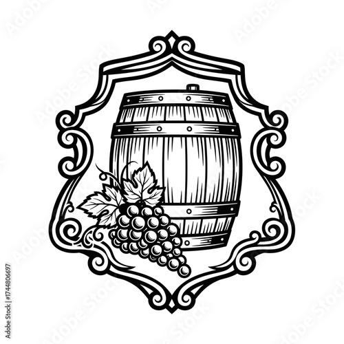 Vintage Wine Barrel and Grapes Emblem.